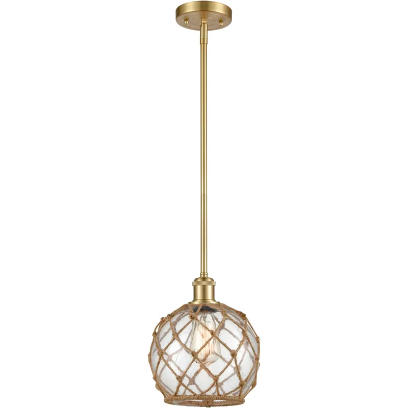 Ballston Farmhouse Rope LED 8 inch Satin Gold Pendant Ceiling Light in Clear Glass with Brown Rope, Ballston