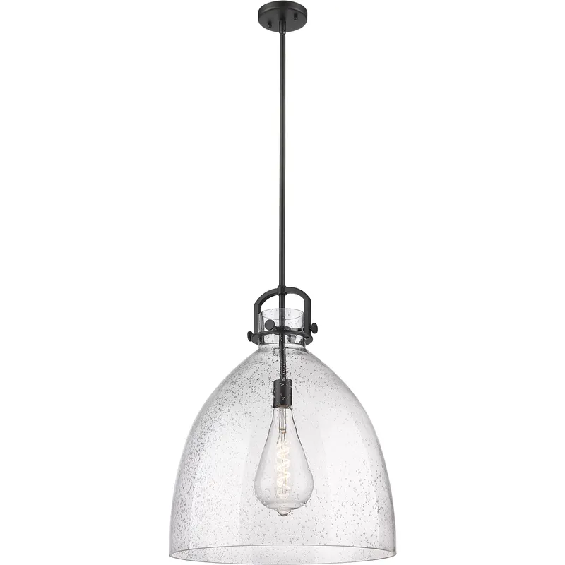 Newton Bell 1 Light 18 inch Matte Black Pendant Ceiling Light in Seedy Glass