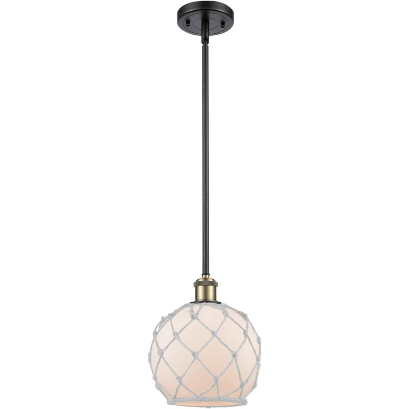 Ballston Farmhouse Rope LED 8 inch Black Antique Brass Pendant Ceiling Light in White Glass with White Rope, Ballston