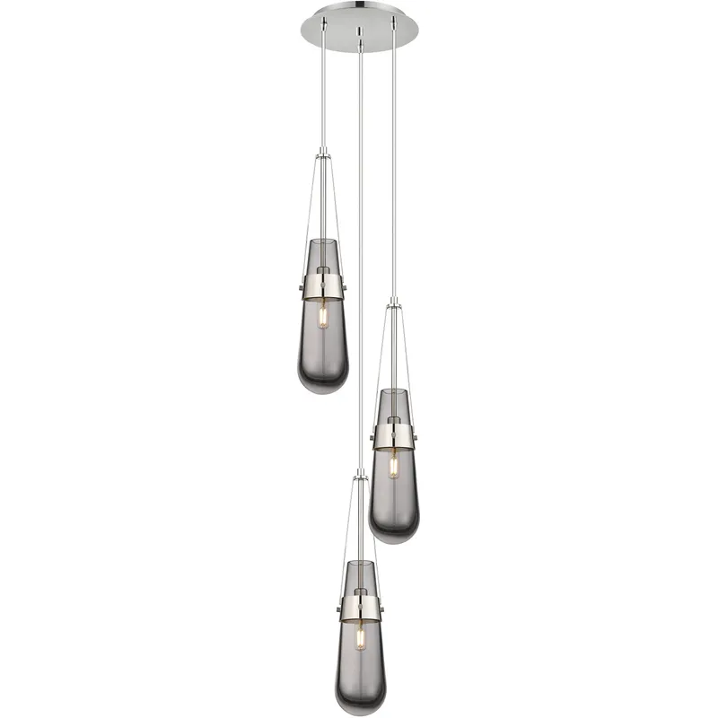 Milan 3 Light 11.88 inch Polished Nickel Multi Pendant Ceiling Light in Light Smoke Glass