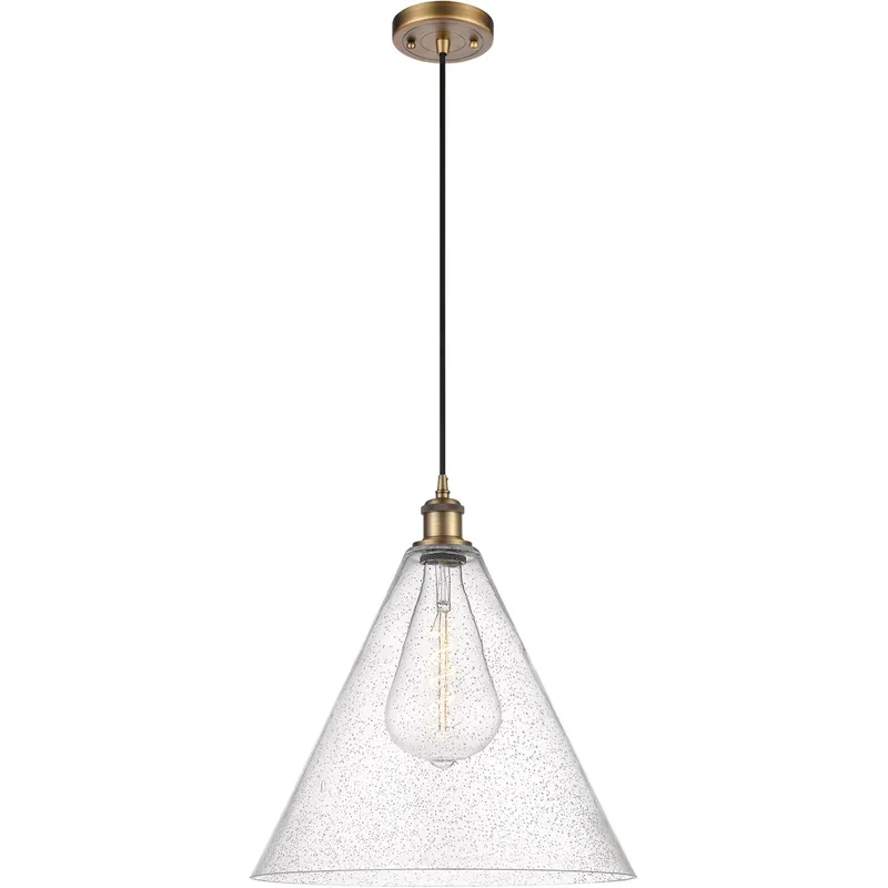 Ballston Cone 1 Light 16 inch Brushed Brass Pendant Ceiling Light in Seedy Glass