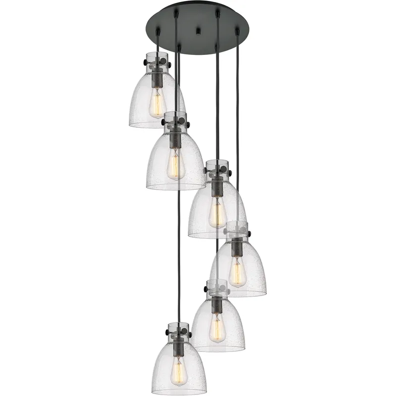 Newton Bell 6 Light 18.63 inch Matte Black Multi Pendant Ceiling Light in Seedy Glass