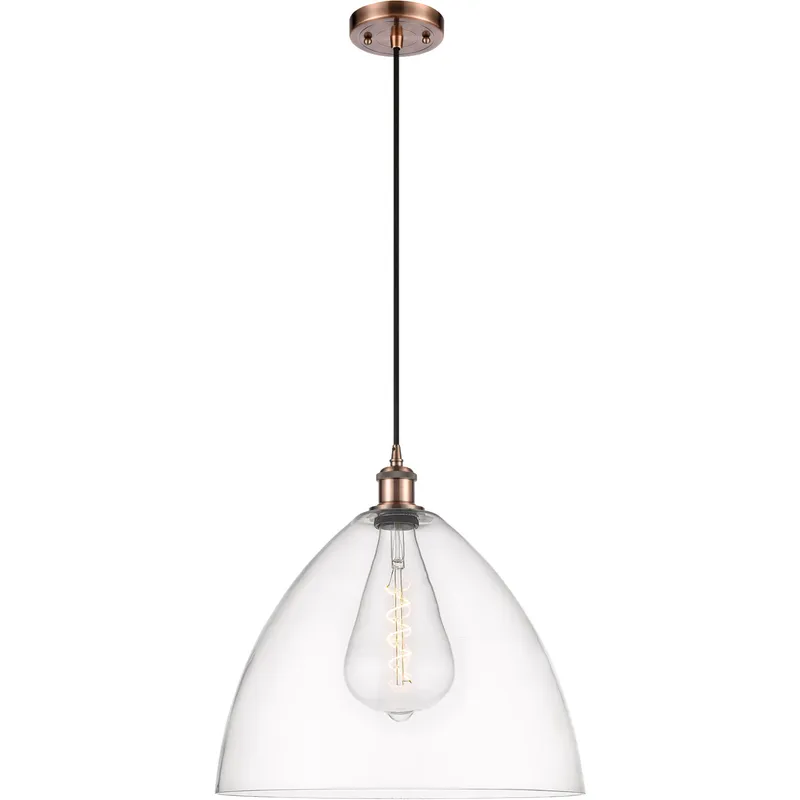 Ballston Dome LED 16 inch Antique Copper Pendant Ceiling Light in Clear Glass, Black Textured