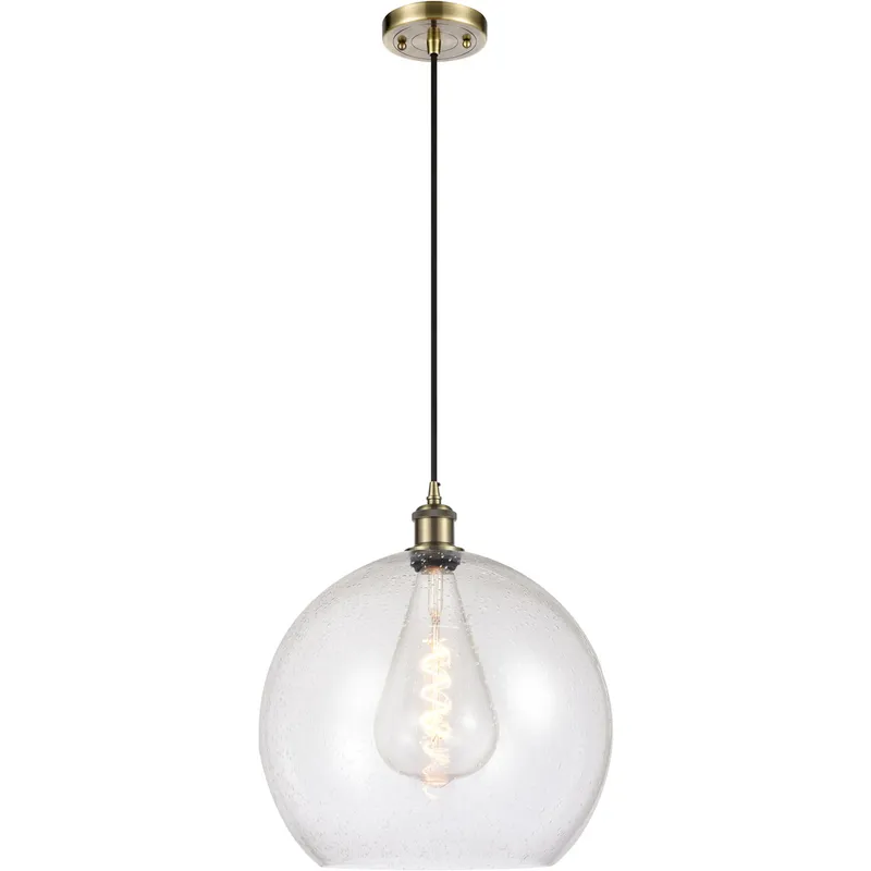 Ballston Athens LED 13.75 inch Antique Brass Pendant Ceiling Light in Seedy Glass, Black Textured