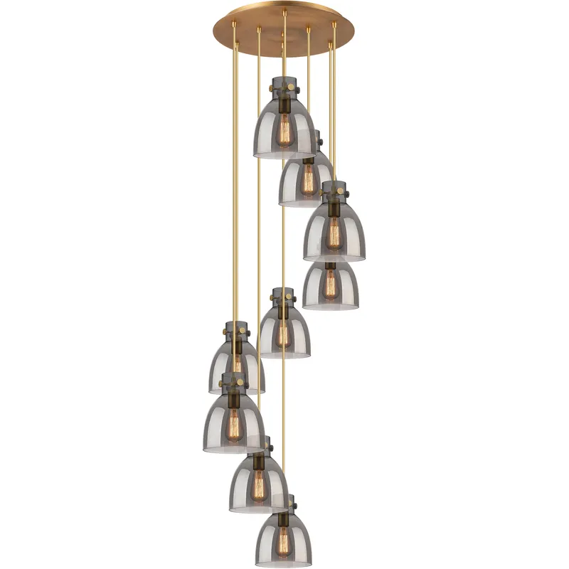 Newton Bell 9 Light 22.13 inch Brushed Brass Multi Pendant Ceiling Light in Light Smoke Glass