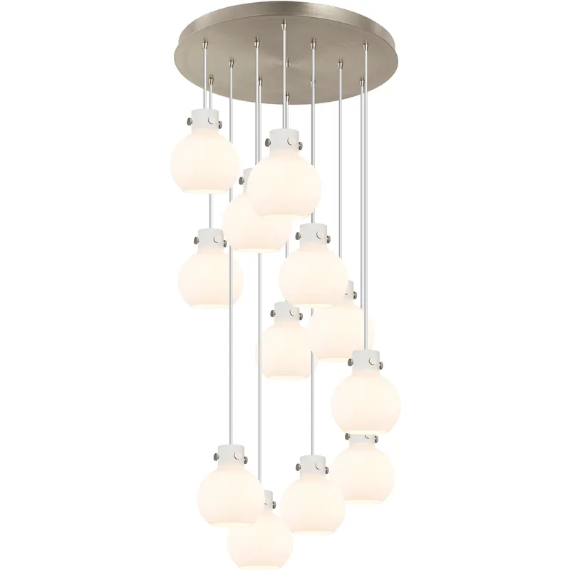 Newton Sphere 12 Light 27.25 inch Brushed Satin Nickel Multi Pendant Ceiling Light in White Glass