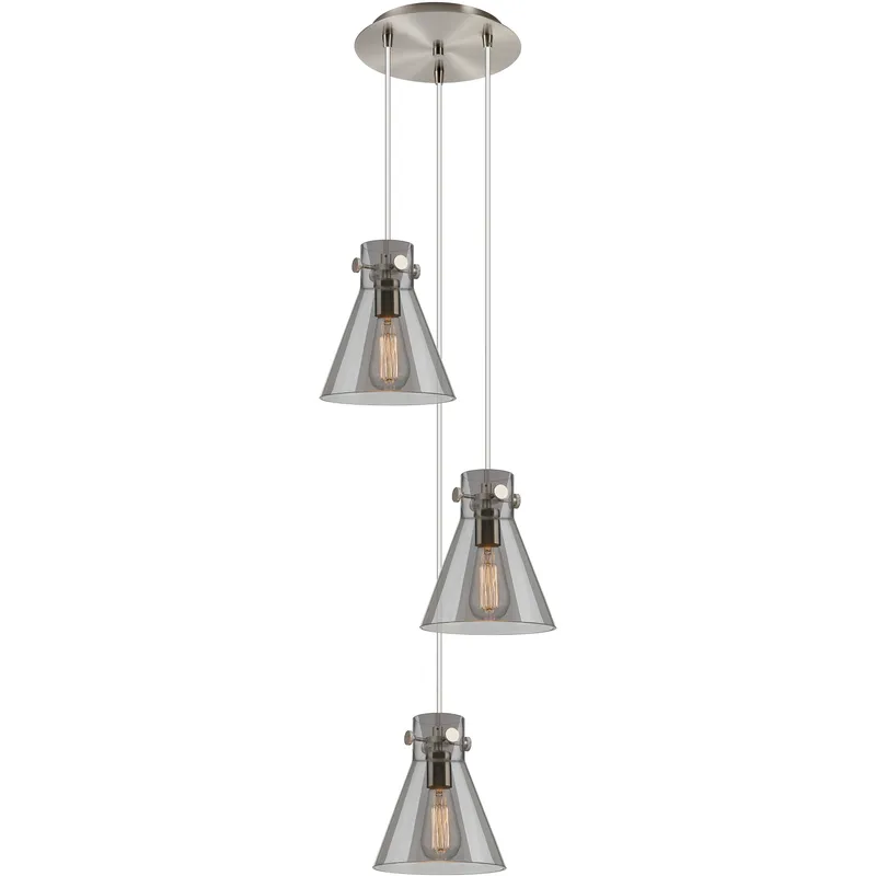 Newton Cone 3 Light 15.5 inch Brushed Satin Nickel Multi Pendant Ceiling Light in Light Smoke Glass