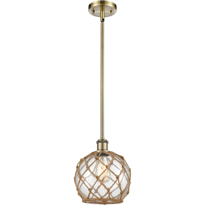 Ballston Farmhouse Rope LED 8 inch Antique Brass Pendant Ceiling Light in Clear Glass with Brown Rope, Ballston