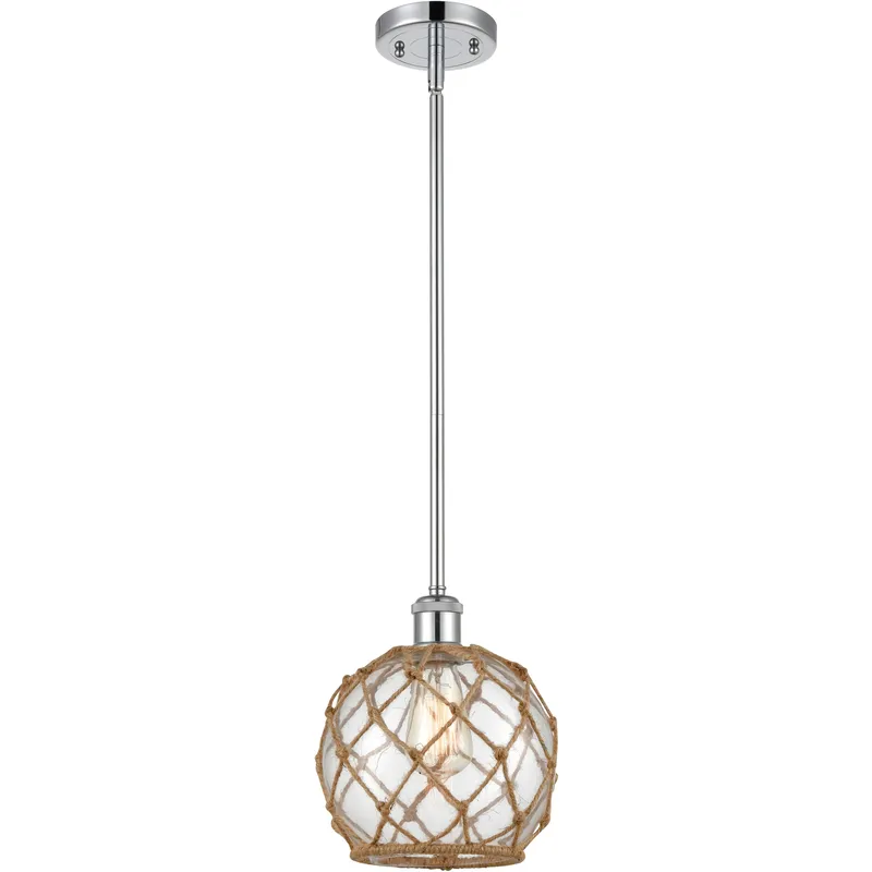 Ballston Farmhouse Rope LED 8 inch Polished Chrome Pendant Ceiling Light in Clear Glass with Brown Rope, Ballston
