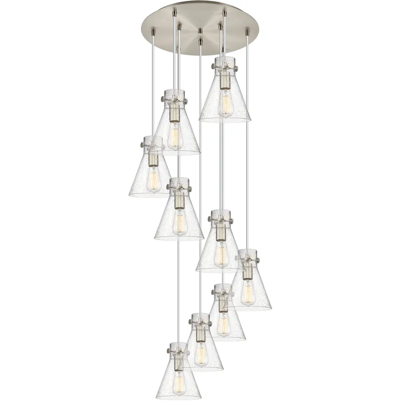 Newton Cone 9 Light 22.13 inch Brushed Satin Nickel Multi Pendant Ceiling Light in Seedy Glass
