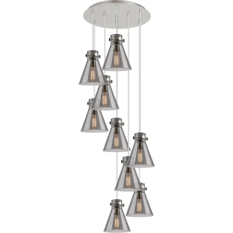 Newton Cone 9 Light 22.13 inch Polished Nickel Multi Pendant Ceiling Light in Light Smoke Glass