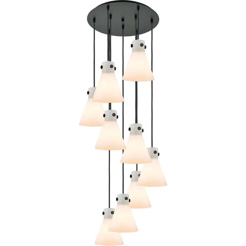 Newton Cone 9 Light 22.13 inch Matte Black Multi Pendant Ceiling Light in White Glass