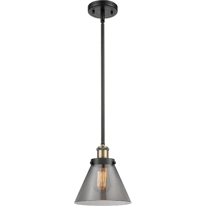 Ballston Large Cone LED 8 inch Black Antique Brass Pendant Ceiling Light in Plated Smoke Glass