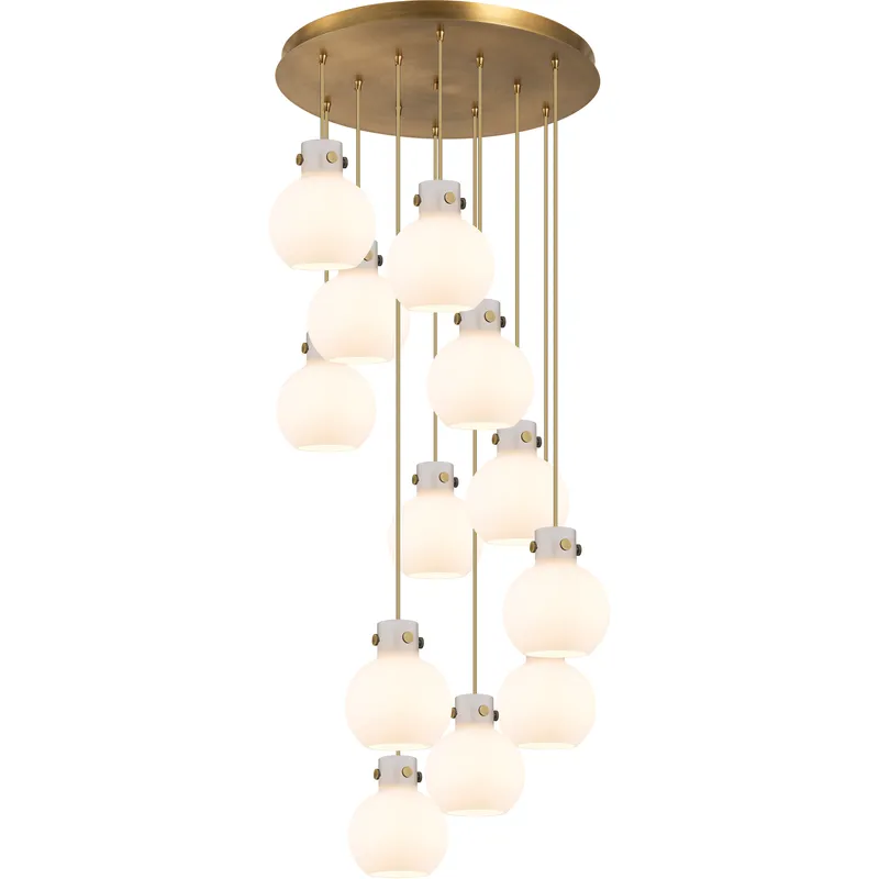 Newton Sphere 12 Light 27.25 inch Brushed Brass Multi Pendant Ceiling Light in White Glass