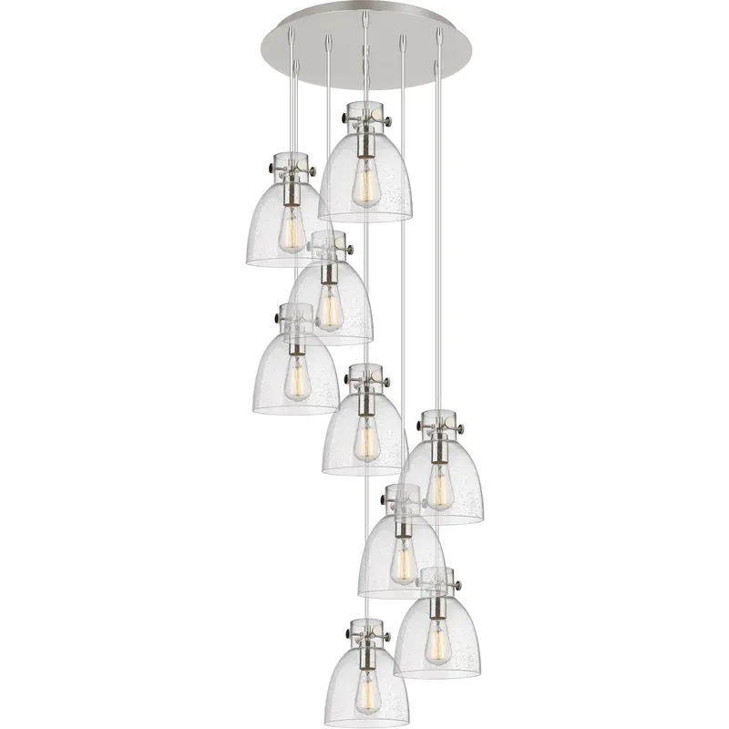 Newton Bell 9 Light 22.13 inch Polished Nickel Multi Pendant Ceiling Light in Seedy Glass