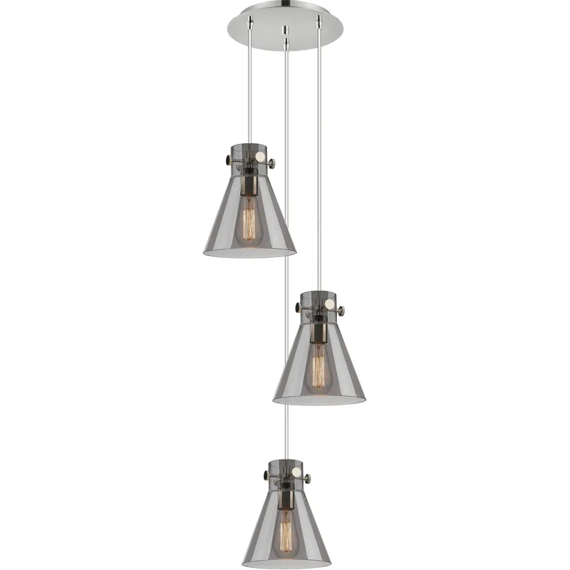 Newton Cone 3 Light 15.5 inch Polished Nickel Multi Pendant Ceiling Light in Light Smoke Glass