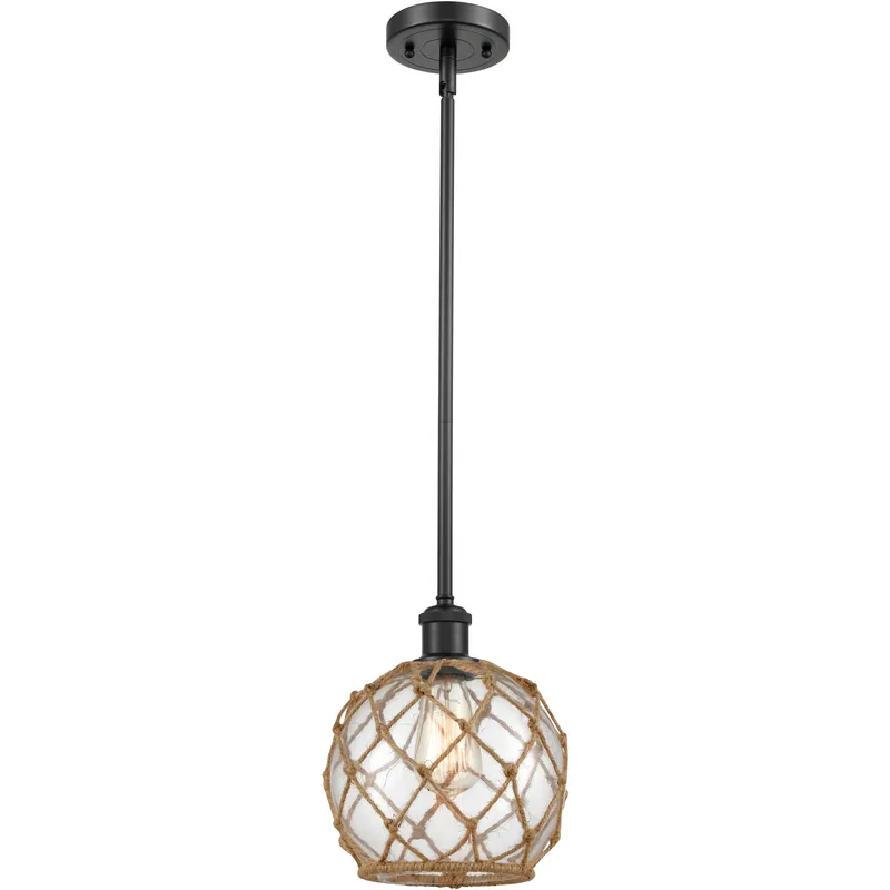 Ballston Farmhouse Rope LED 8 inch Matte Black Pendant Ceiling Light in Clear Glass with Brown Rope, Ballston