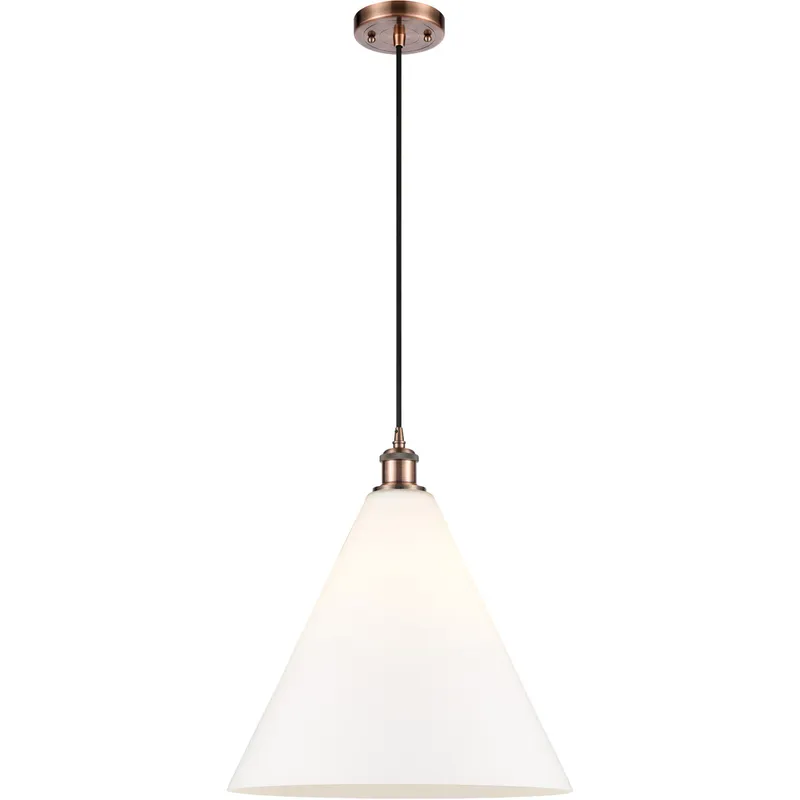 Ballston Cone LED 16 inch Antique Copper Pendant Ceiling Light in Matte White Glass, Black Textured