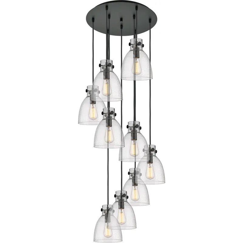 Newton Bell 9 Light 22.13 inch Matte Black Multi Pendant Ceiling Light in Seedy Glass