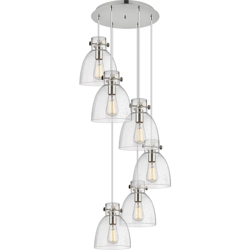 Newton Bell 6 Light 18.63 inch Polished Nickel Multi Pendant Ceiling Light in Seedy Glass