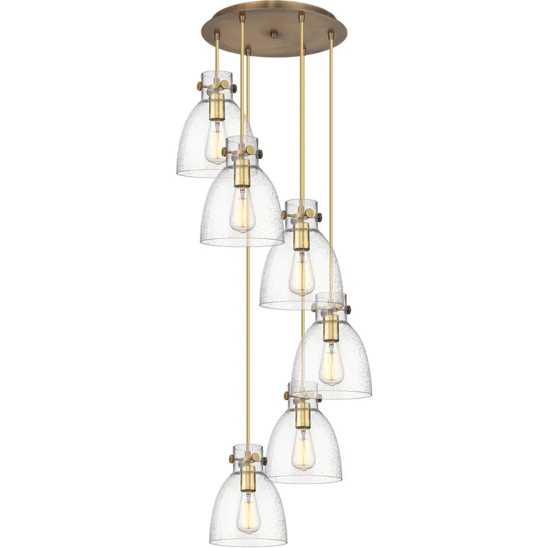 Newton Bell 6 Light 18.63 inch Brushed Brass Multi Pendant Ceiling Light in Seedy Glass