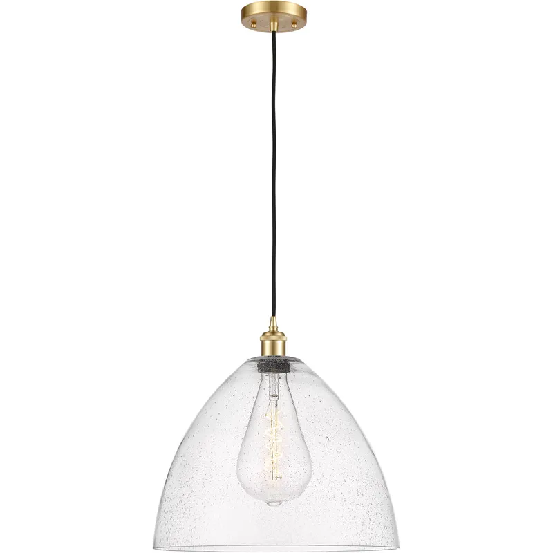 Ballston Dome LED 16 inch Satin Gold Pendant Ceiling Light in Seedy Glass, Black Textured