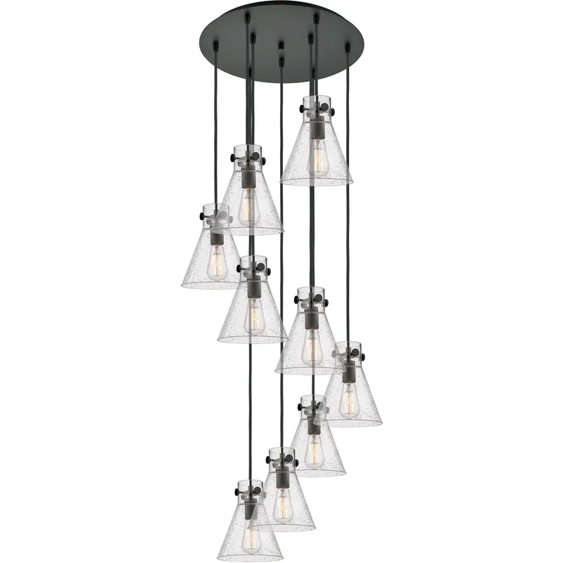 Newton Cone 9 Light 22.13 inch Matte Black Multi Pendant Ceiling Light in Seedy Glass