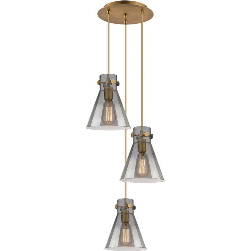 Newton Cone 3 Light 15.5 inch Brushed Brass Multi Pendant Ceiling Light in Light Smoke Glass