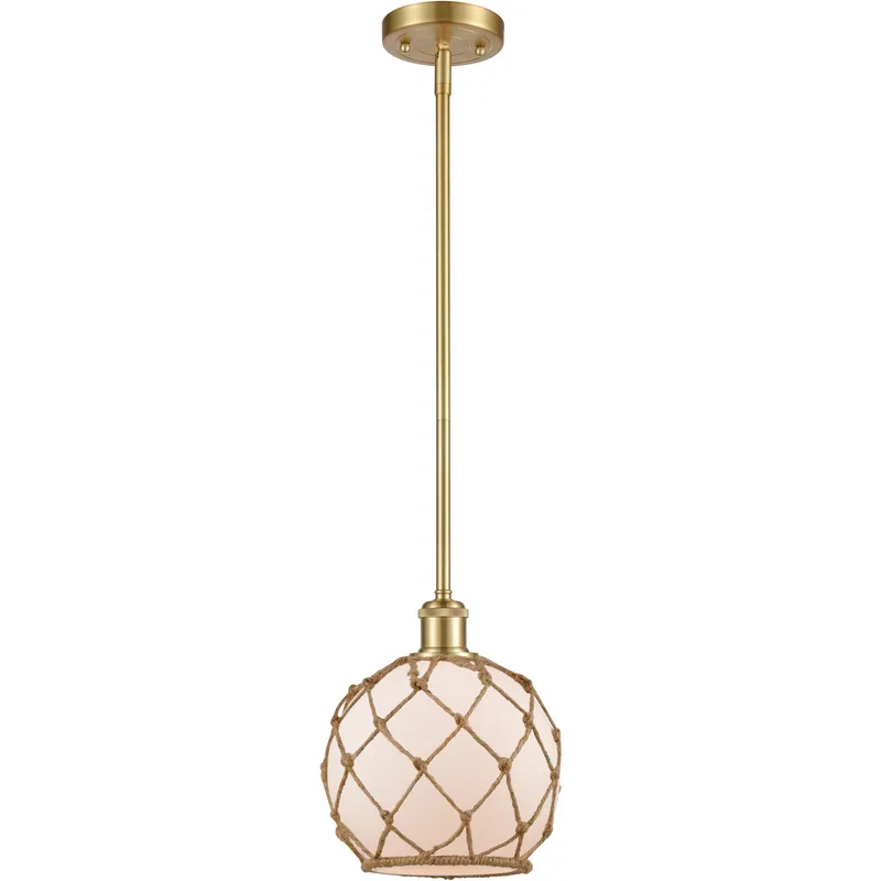 Ballston Farmhouse Rope LED 8 inch Satin Gold Pendant Ceiling Light in White Glass with Brown Rope, Ballston