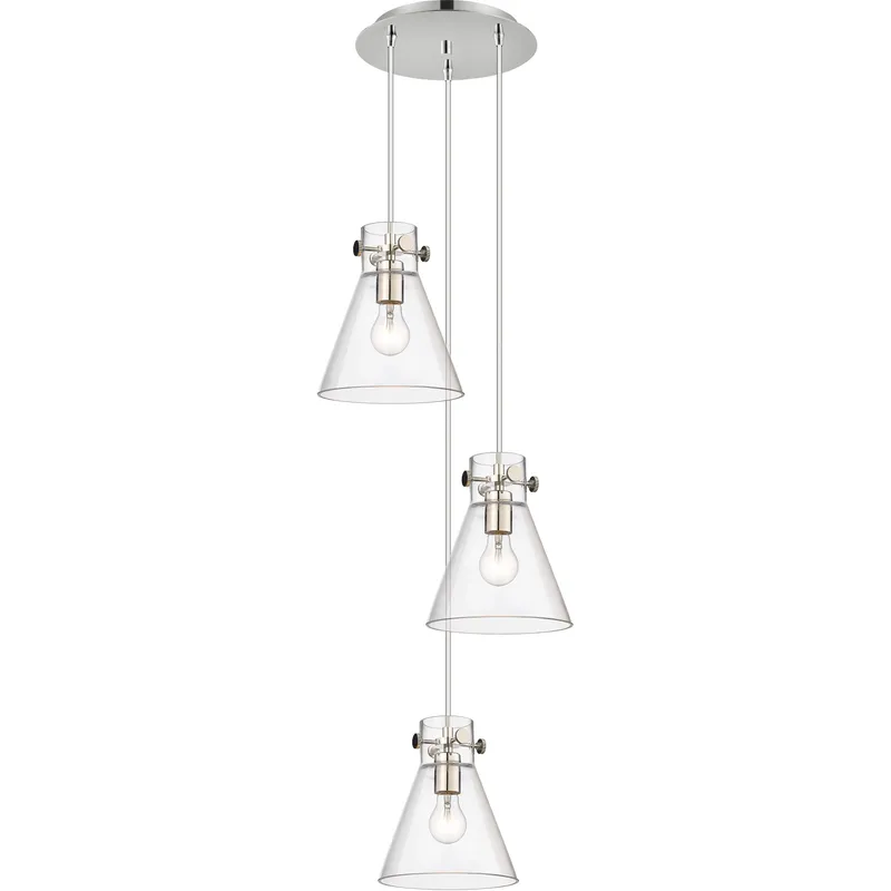 Newton Cone 3 Light 15.5 inch Polished Nickel Multi Pendant Ceiling Light in Clear Glass