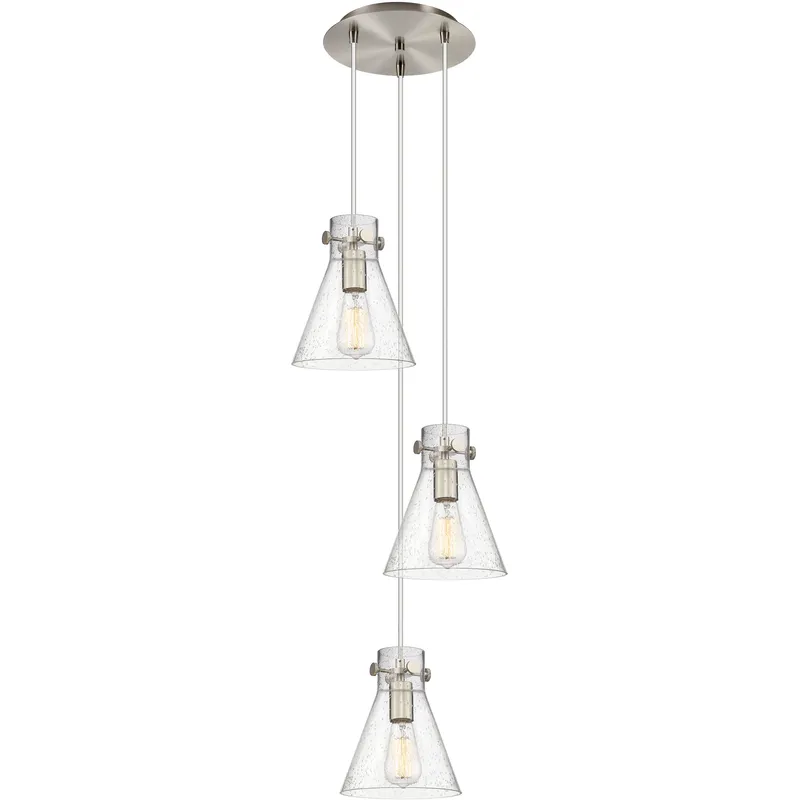 Newton Cone 3 Light 15.5 inch Brushed Satin Nickel Multi Pendant Ceiling Light in Seedy Glass