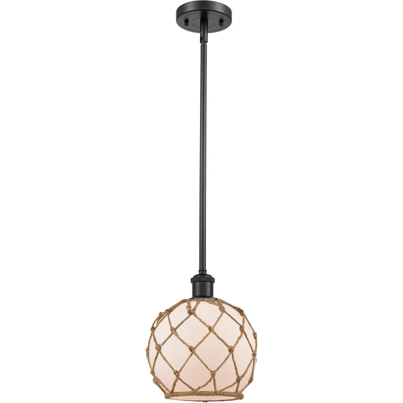 Ballston Farmhouse Rope LED 8 inch Matte Black Pendant Ceiling Light in White Glass with Brown Rope, Ballston