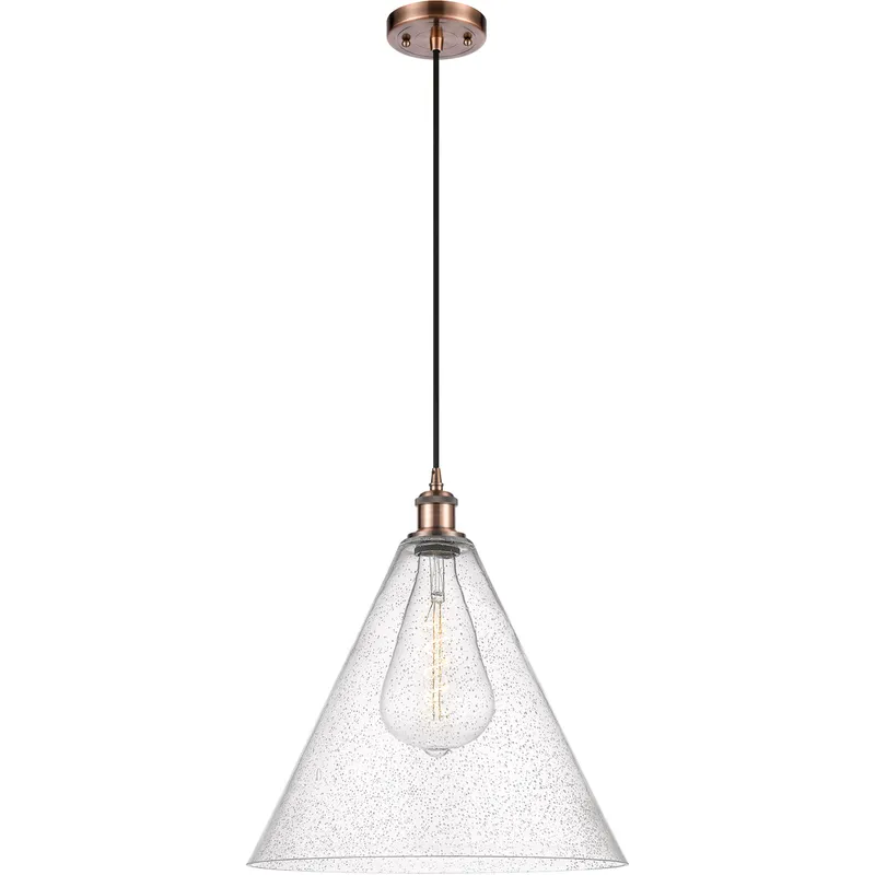 Ballston Cone LED 16 inch Antique Copper Pendant Ceiling Light in Seedy Glass, Black Textured