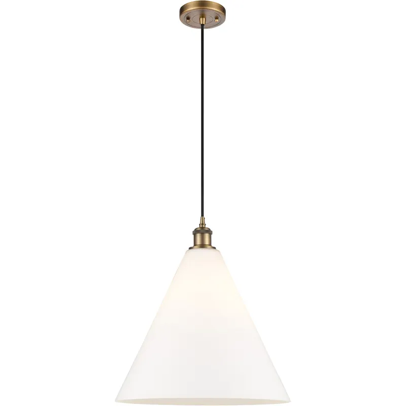 Ballston Cone LED 16 inch Brushed Brass Pendant Ceiling Light in Matte White Glass, Black Textured