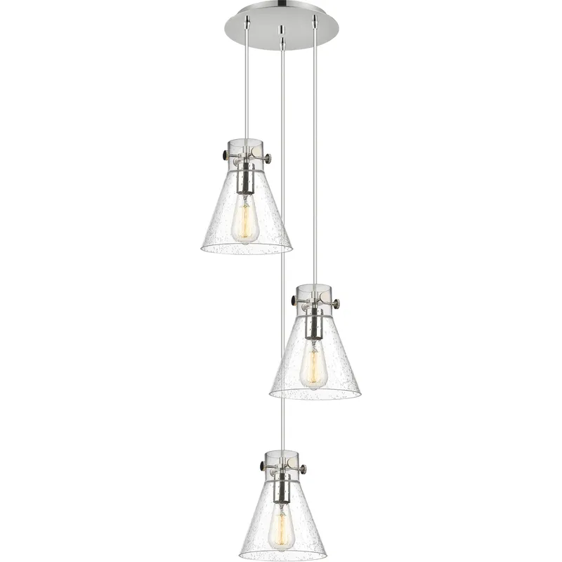 Newton Cone 3 Light 15.5 inch Polished Nickel Multi Pendant Ceiling Light in Seedy Glass