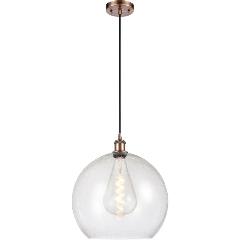 Ballston Athens LED 13.75 inch Antique Copper Pendant Ceiling Light in Seedy Glass, Black Textured