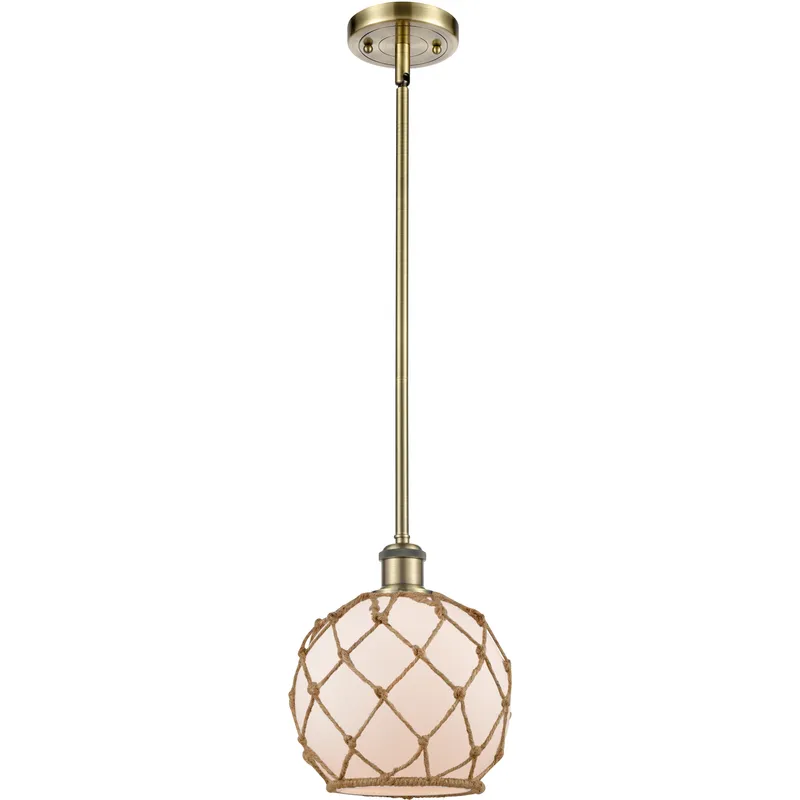 Ballston Farmhouse Rope LED 8 inch Antique Brass Pendant Ceiling Light in White Glass with Brown Rope, Ballston