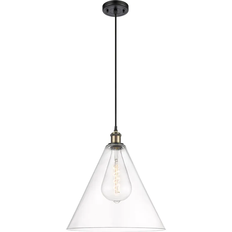 Ballston Cone LED 16 inch Black Antique Brass Pendant Ceiling Light in Clear Glass, Black Textured