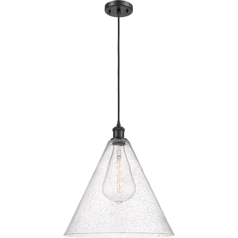 Ballston Cone 1 Light 16 inch Matte Black Pendant Ceiling Light in Seedy Glass