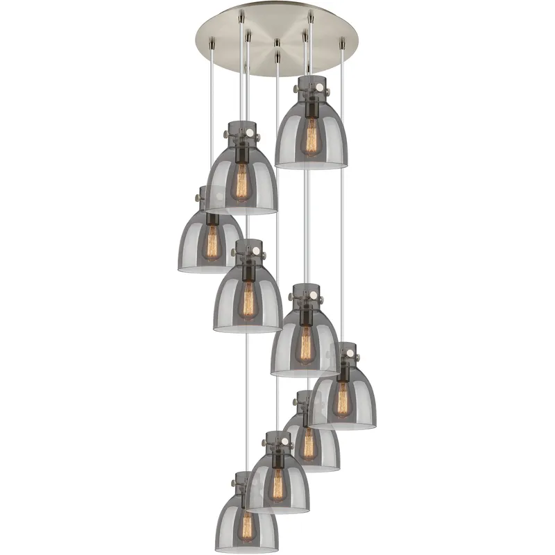 Newton Bell 9 Light 22.13 inch Brushed Satin Nickel Multi Pendant Ceiling Light in Light Smoke Glass
