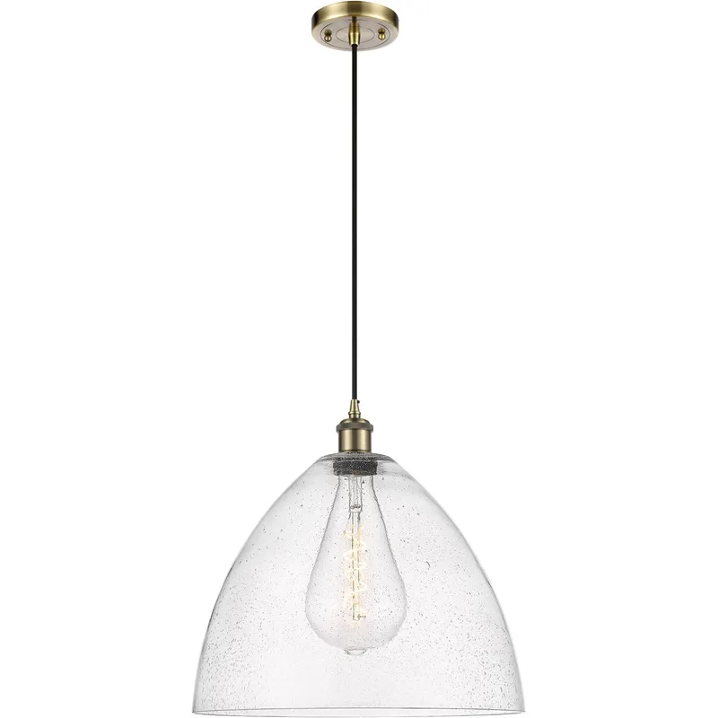 Ballston Dome LED 16 inch Antique Brass Pendant Ceiling Light in Seedy Glass, Black Textured