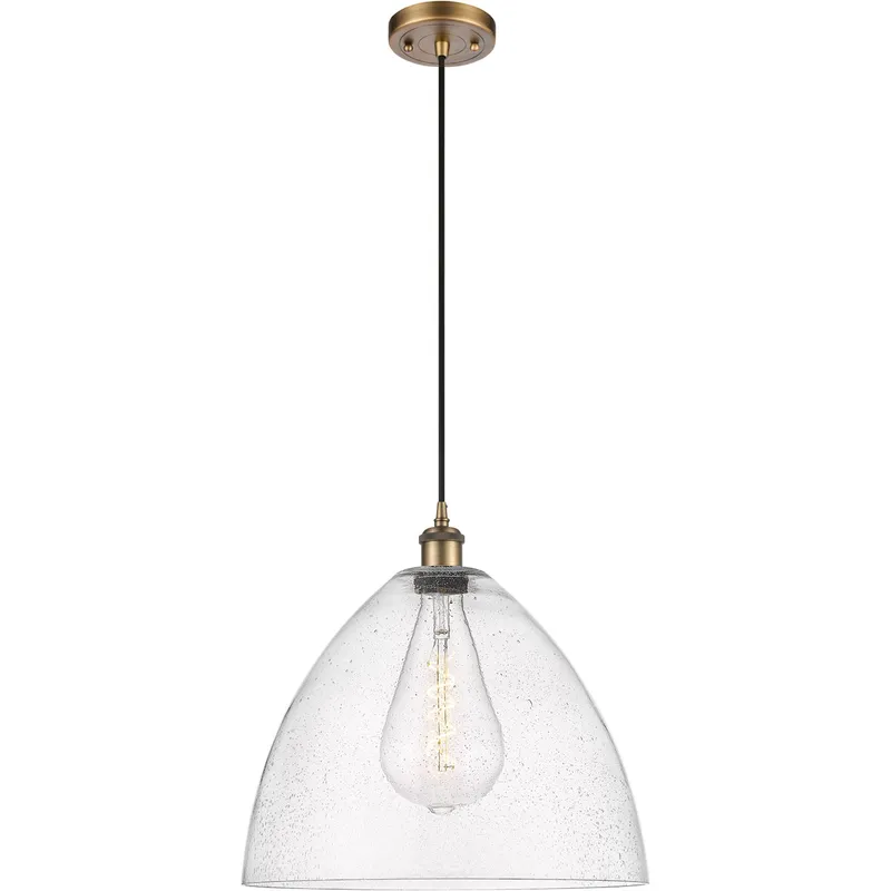 Ballston Dome LED 16 inch Brushed Brass Pendant Ceiling Light in Seedy Glass, Black Textured