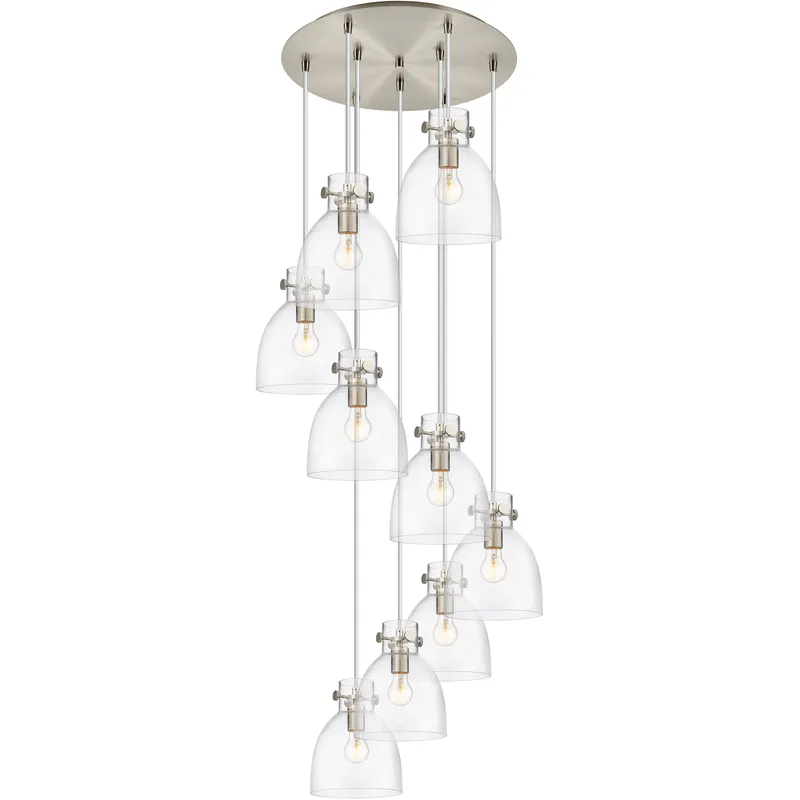 Newton Bell 9 Light 22.13 inch Brushed Satin Nickel Multi Pendant Ceiling Light in Clear Glass