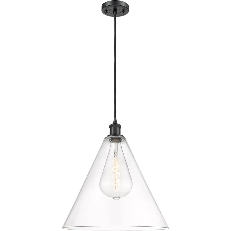 Ballston Cone LED 16 inch Matte Black Pendant Ceiling Light in Clear Glass, Black Textured