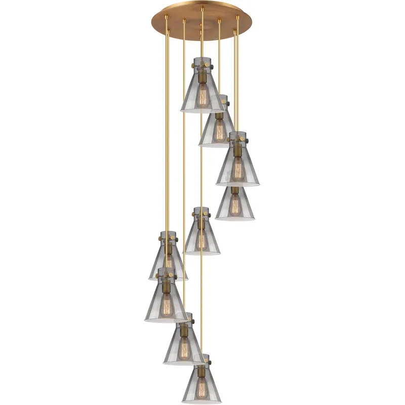 Newton Cone 9 Light 22.13 inch Brushed Brass Multi Pendant Ceiling Light in Light Smoke Glass