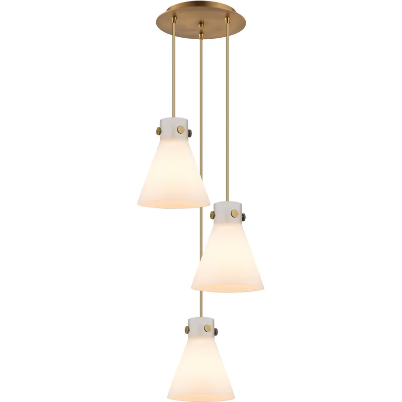 Newton Cone 3 Light 15.5 inch Brushed Brass Multi Pendant Ceiling Light in White Glass