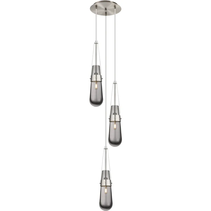 Milan 3 Light 11.88 inch Brushed Satin Nickel Multi Pendant Ceiling Light in Light Smoke Glass