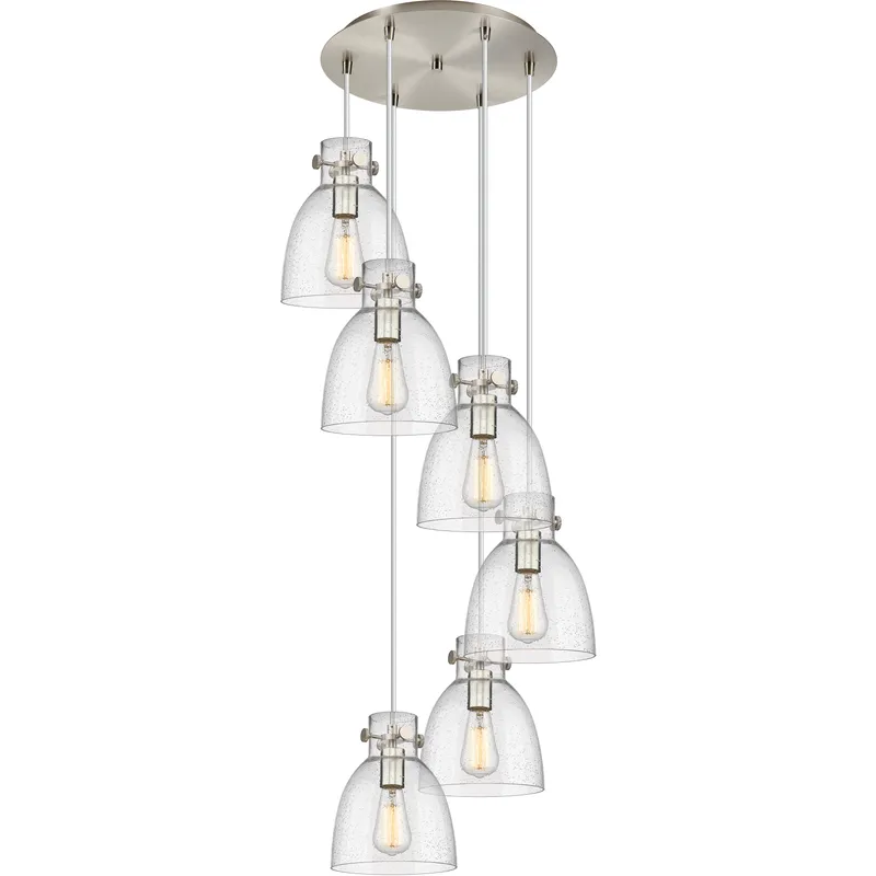 Newton Bell 6 Light 18.63 inch Brushed Satin Nickel Multi Pendant Ceiling Light in Seedy Glass