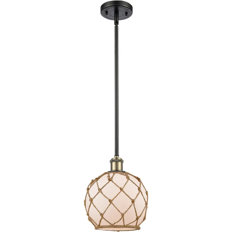 Ballston Farmhouse Rope LED 8 inch Black Antique Brass Pendant Ceiling Light in White Glass with Brown Rope, Ballston