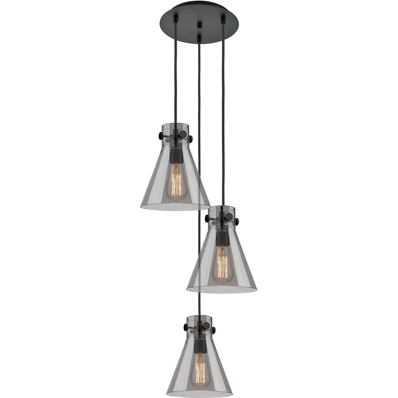 Newton Cone 3 Light 15.5 inch Matte Black Multi Pendant Ceiling Light in Light Smoke Glass